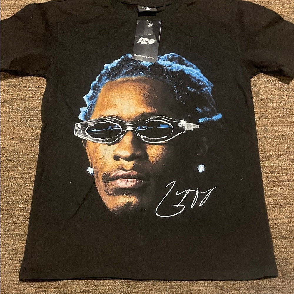 ICY Black Graphic T-Shirt with Blue and White Design
